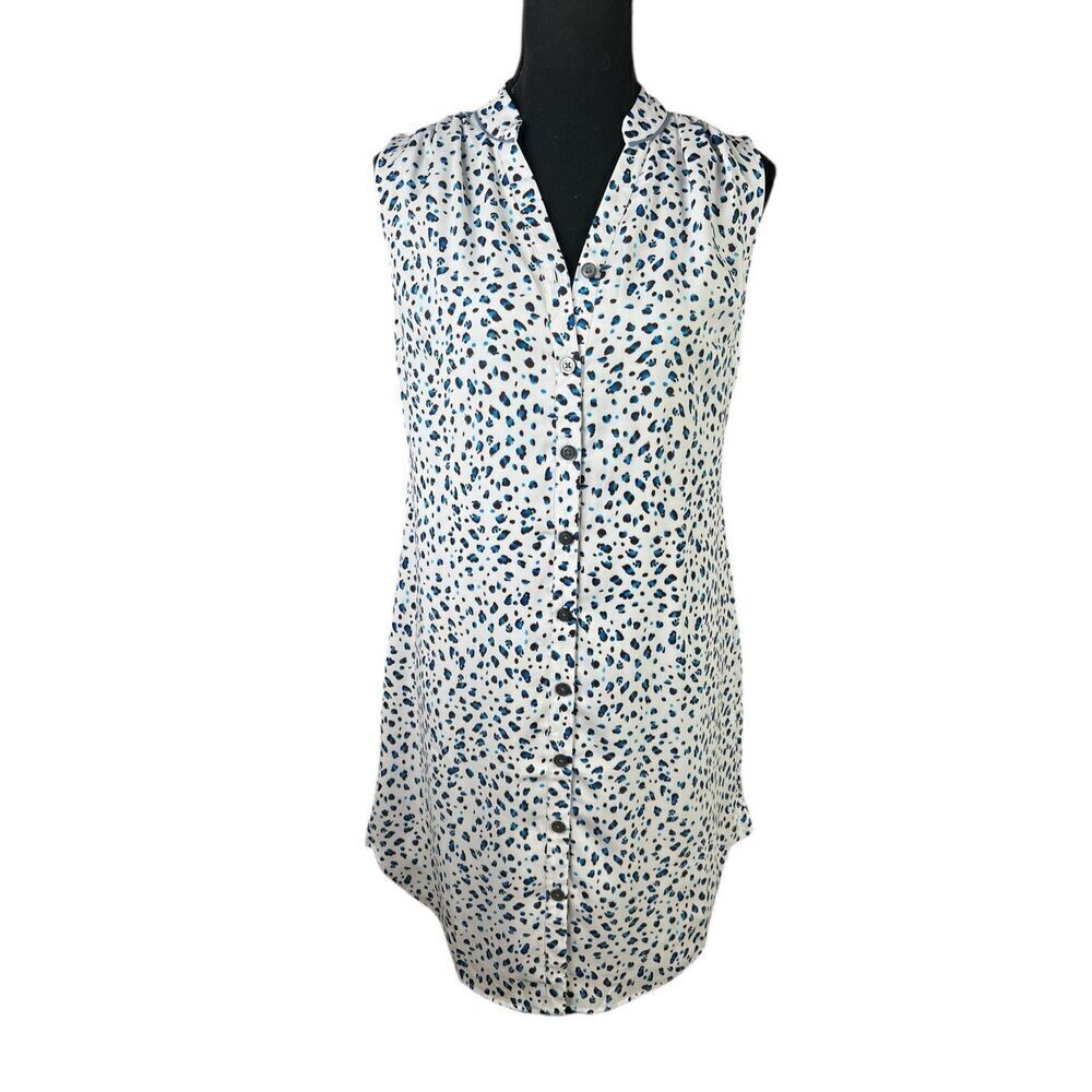 CABI Camilla Blue White Leopard Print Sleeveless Button Up Shirt Dress Size XS